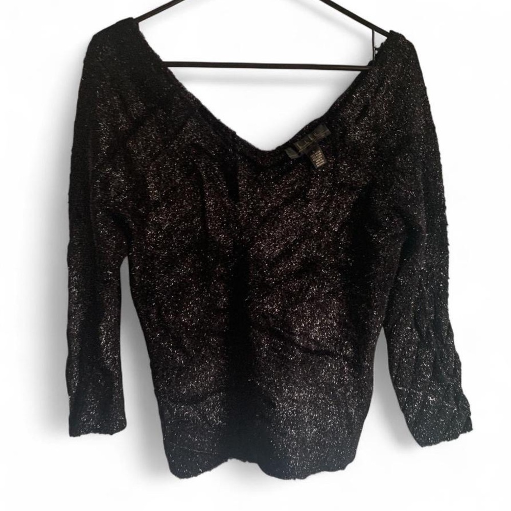 Vintage Nicole Miller Black Lurex Off Shoulder V-Neck Sweater